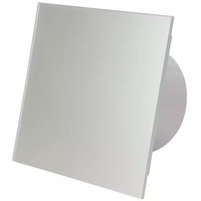 Badezimmerventilator Ø 100 mm mit Zeitschaltuhr und Einschaltverzögerung – Glasfront in Satin-Silber