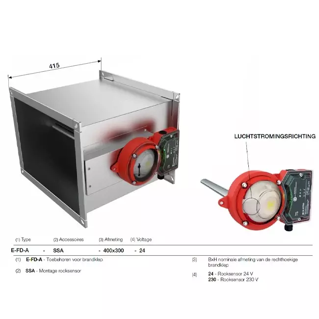 Rauchsensor 24V für rechteckige Brandschutzklappe - E-FD A SSA 200x800 24