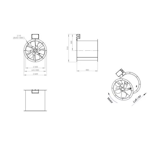 Axialer 355-mm-Rauchgasventilator F400 - AL 355 D4 F4 01 CFG
