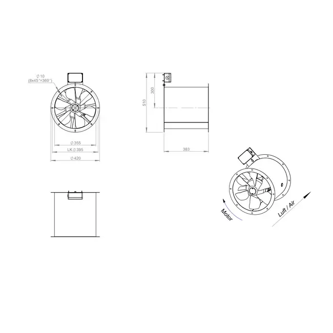Axialer 355-mm-Rauchgasventilator F300- AL 355 D42U F3 01 CFG