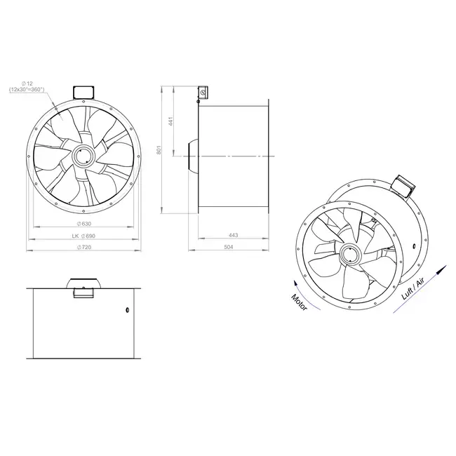 Axialer 630-mm-Rauchgasventilator F400 - AL 630 D6 F4 02 CFG