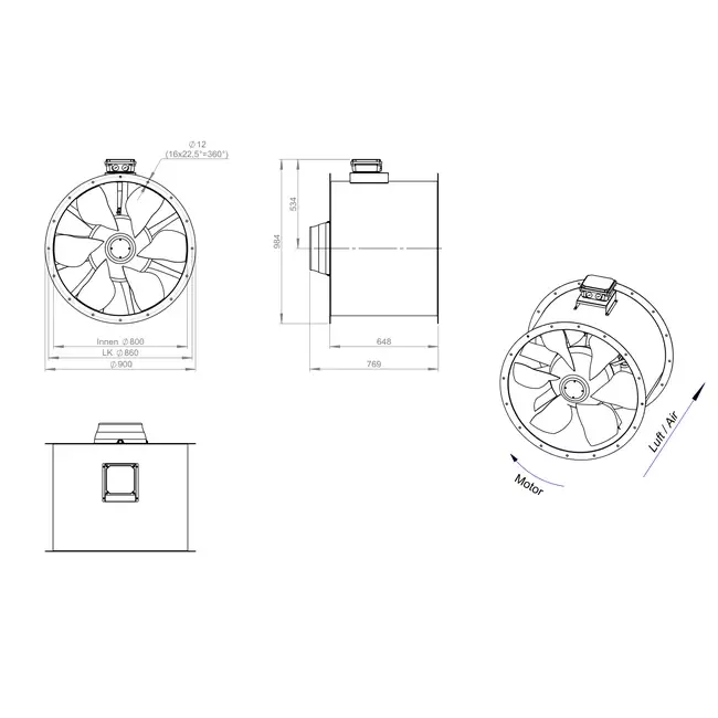 Axialer 800-mm-Kanalventilator Rauchgas F400 - AL 800 D4 F4 05 CFG