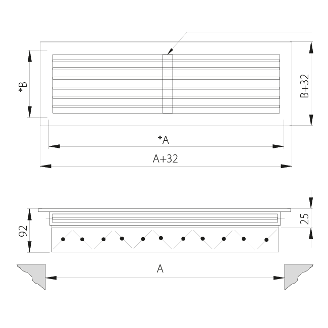 Einfach verstellbares Wandgitter aus Aluminium mit Dämpfer - mit Reibungsfedern - 300x100 mm - RAL 9010