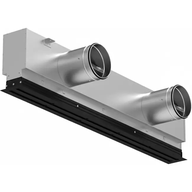 Aluminium-Lüftungsgitter mit 1 verstellbarem Lamellenblatt – 1250 mm – RAL 9005 + akustisch isolierter Luftverteilerkasten mit Luftmengenregelklappe