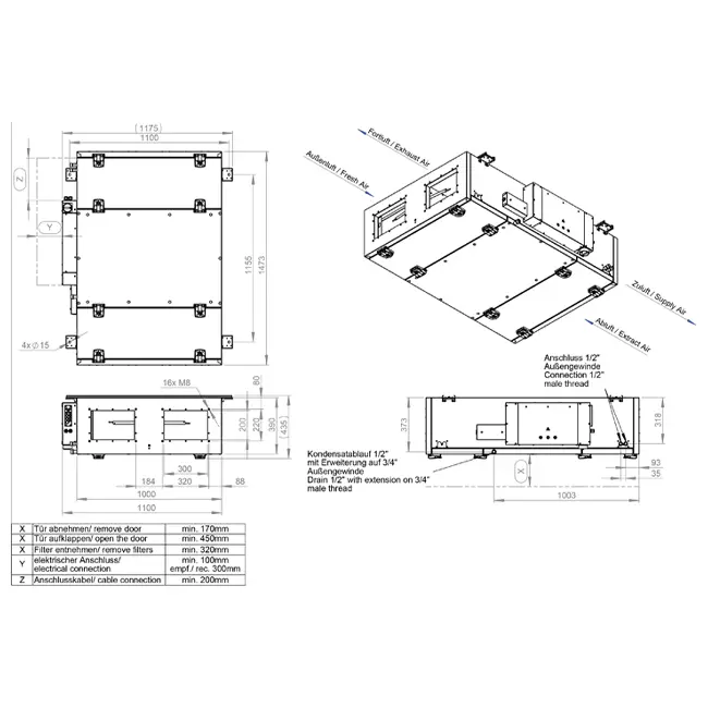 Maxivent WTW-Lüftungsgeräte mit Gegenstromwärmetauscher, 700 m³/h, mit elektrischem Heizelement rechts – PHE 700 F EOJR