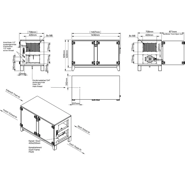 Maxivent WTW-Lüftungsgeräte mit Gegenstromwärmetauscher, 700 m³/h, mit DX-Wärmetauscher, horizontal links – PHE 700 H ODJL