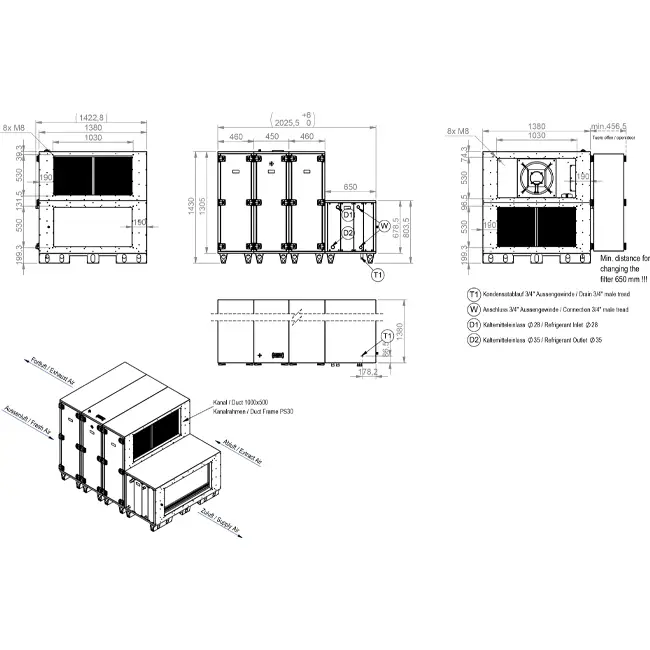 Maxivent WTW-Lüftungsgeräte mit Wärmerad, 5000 m³/h, mit Warmwasser- und Kaltwasserregister, horizontal links – RHE 5000 H WKJL T 01