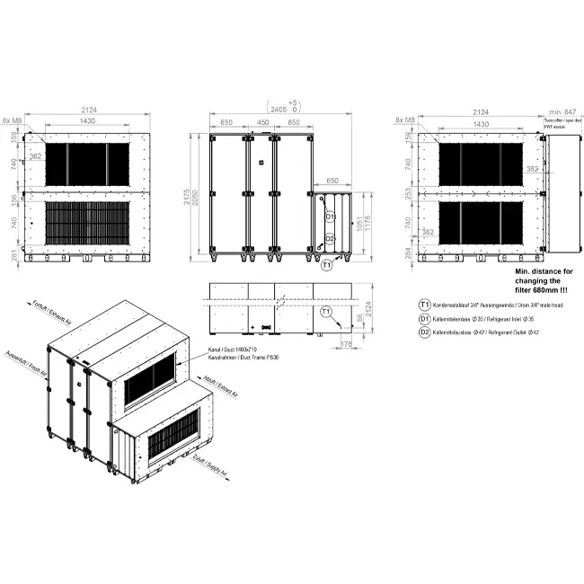 Maxivent WTW-Lüftungsgeräte mit Wärmerad, 12600 m³/h, mit DX-Wärmetauscher, horizontal rechts – RHE 12600 H ODJR T 01