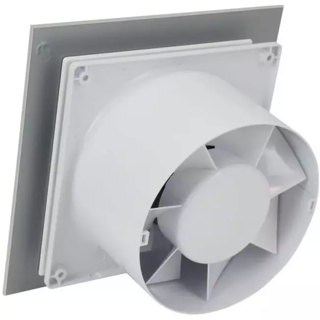 Badezimmerventilator Ø 100 mm mit Zeitschaltuhr und Einschaltverzögerung – Glasfront in Satin-Silber