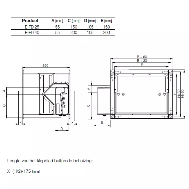 Brandschutzklappe rechteckig Handbetrieb - E-FD25 450x200 R