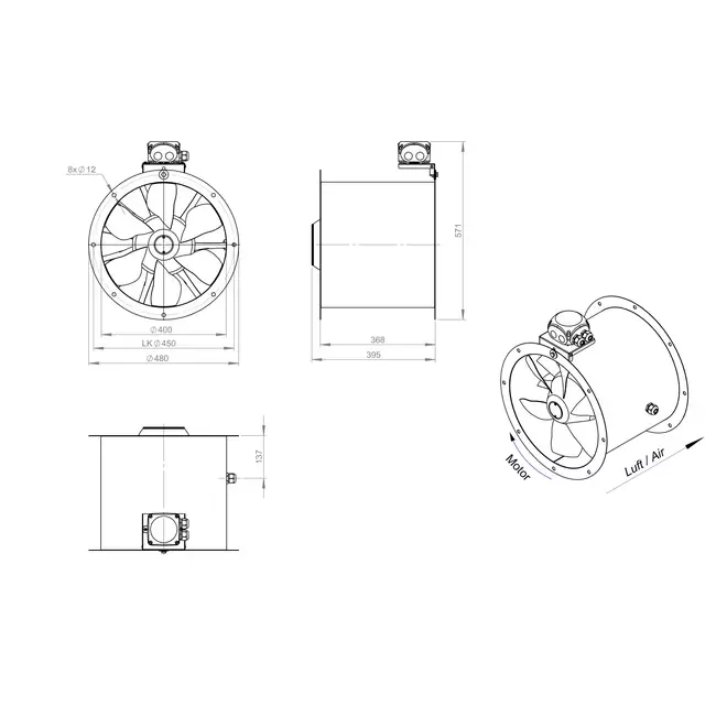 Axialer Kanalventilator 400 mm - AL 400 D2 01 CFG