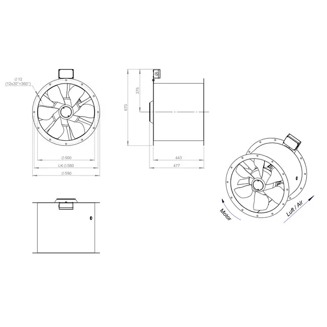 Axialer 500-mm-Rauchgasventilator F400 - AL 500 D42U F4 02 CFG