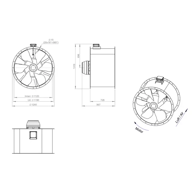 Axialer 1120-mm-Rauchgasventilator F400 - AL 1120 D6 F4 03 CFG