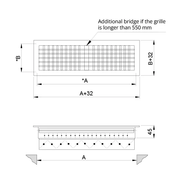 Doppeltes verstellbares Wandgitter aus Aluminium - mit Reibungsfedern - 200x100 mm - RAL 9005