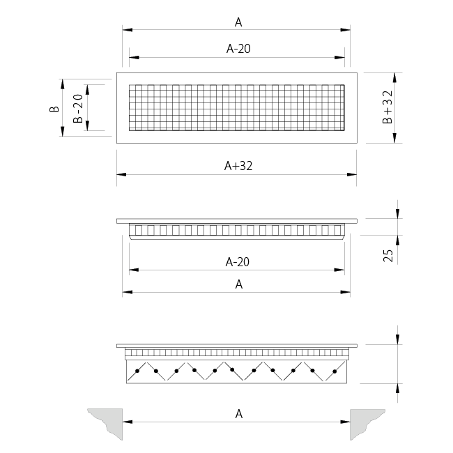 Aluminium Wandgitter mit festem Gitter - mit Reibungsfedern - 400x300 mm - RAL 9005