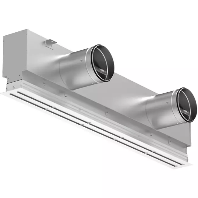 Aluminium-Lüftungsgitter mit 1 verstellbarem Lamellenblatt – 1250 mm – RAL 9016 + akustisch isolierter Luftverteilerkasten mit Luftmengenregelklappe
