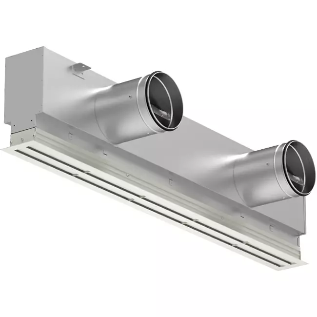 Aluminium-Lüftungsgitter mit 1 verstellbarem Lamellenblatt – 1250 mm – RAL 9010 + akustisch isolierter Luftverteilerkasten mit Luftmengenregelklappe