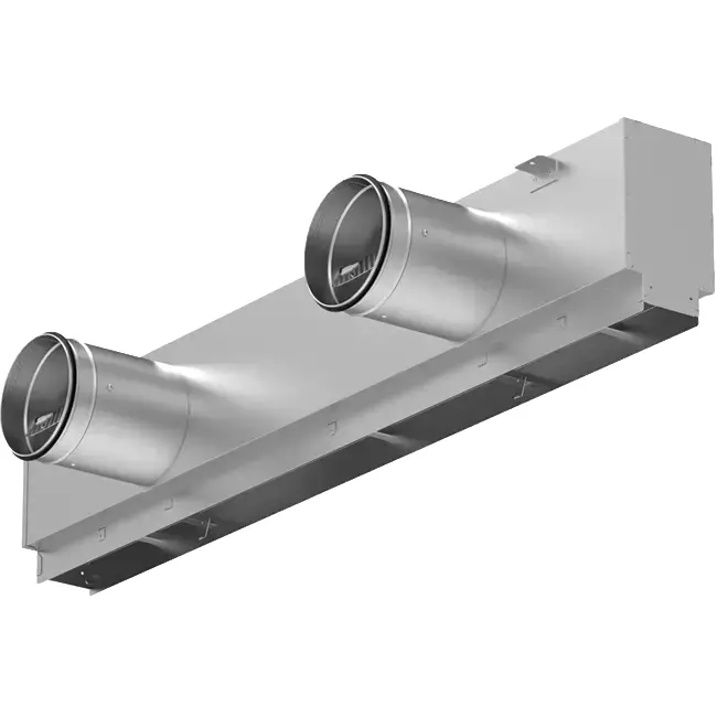 Aluminium-Lüftungsgitter mit 1 verstellbarem Lamellenblatt – 1250 mm – RAL 9005 + akustisch isolierter Luftverteilerkasten mit Luftmengenregelklappe