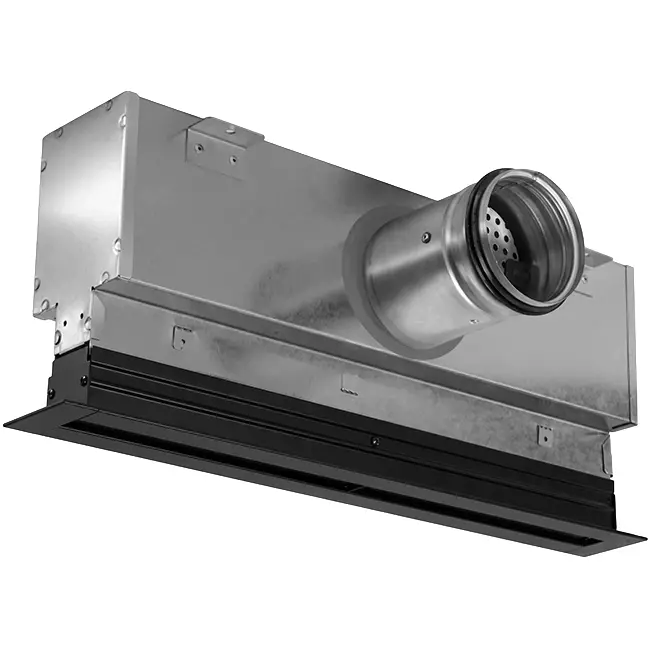 Aluminium-Rastergitter mit 1 verstellbarem Lamellenblatt – 1000 mm – RAL 9005 + akustisch isoliertes Plenum mit Luftmengenregelklappe