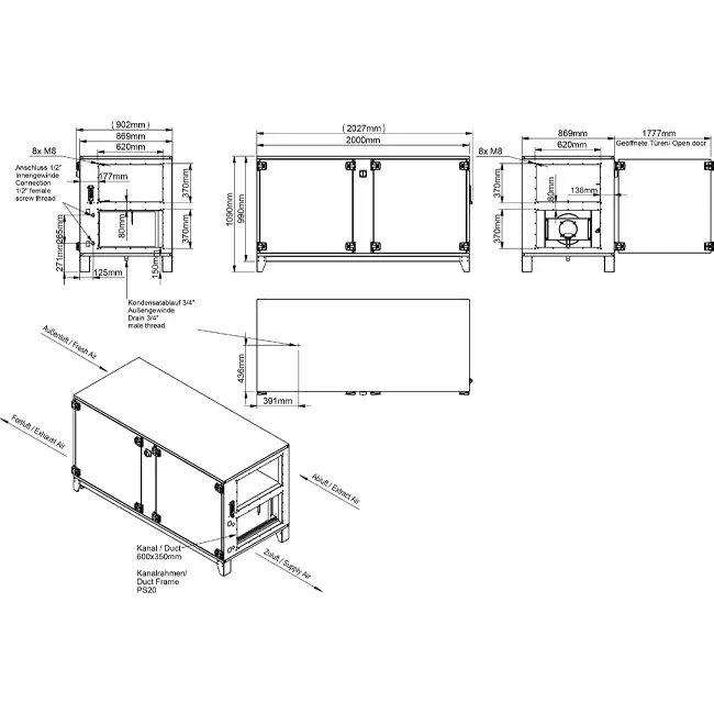 Maxivent WTW-Lüftungsgeräte mit Gegenstromwärmetauscher, 2000 m³/h, mit DX-Wärmetauscher, horizontal rechts – PHE 2000 H ODJR