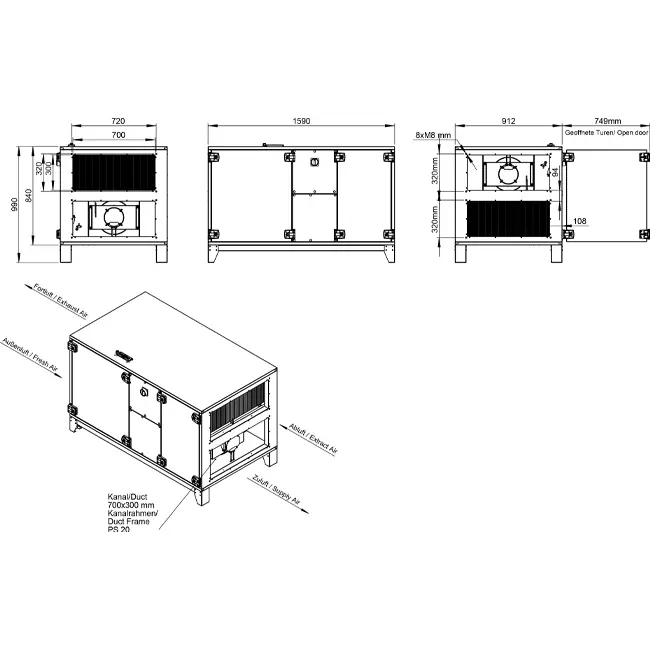 Maxivent WTW-Lüftungsgeräte mit Wärmerad, 2000 m³/h, horizontal, links – RHE 2000 H OOJL