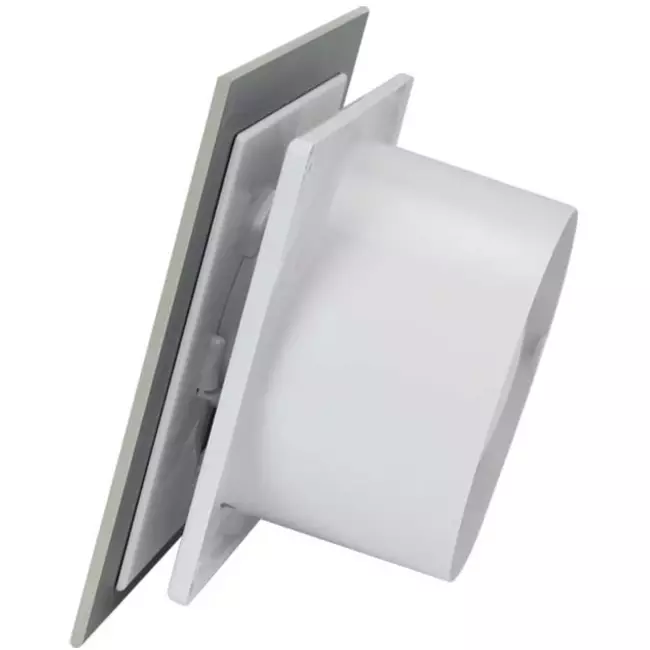 Badezimmerventilator Ø 100 mm mit Zeitschaltuhr und Einschaltverzögerung – Glasfront in Satin-Silber